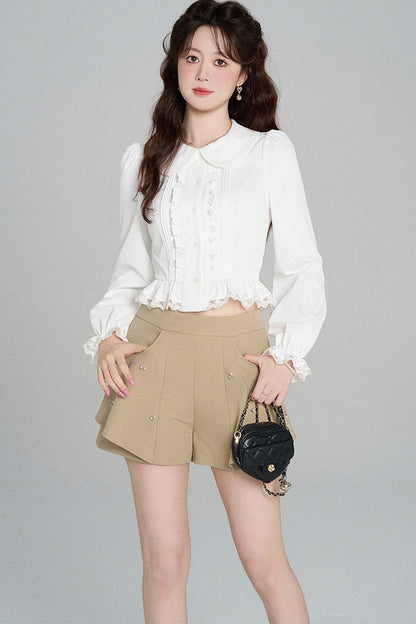 Ruffled Doll Collar Blouse And Shorts Set-Up