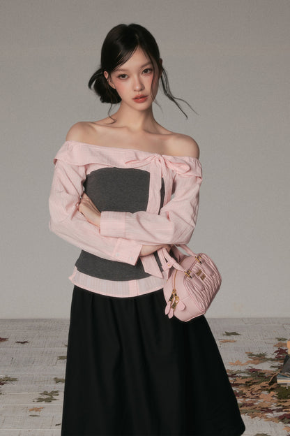 One-Shoulder Bow Spliced Long-Sleeve T-Shirt
