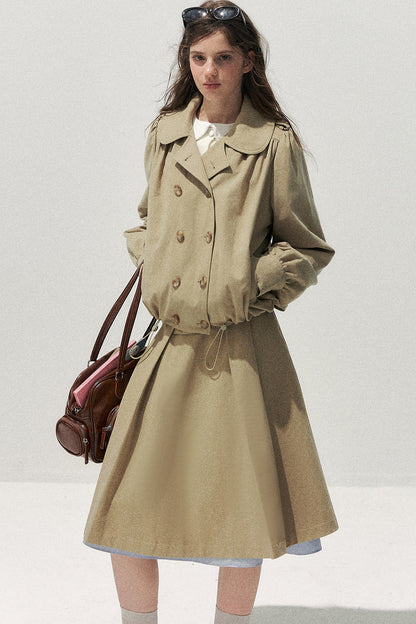 Khaki Short Trench Coat and Skirt Set-Up