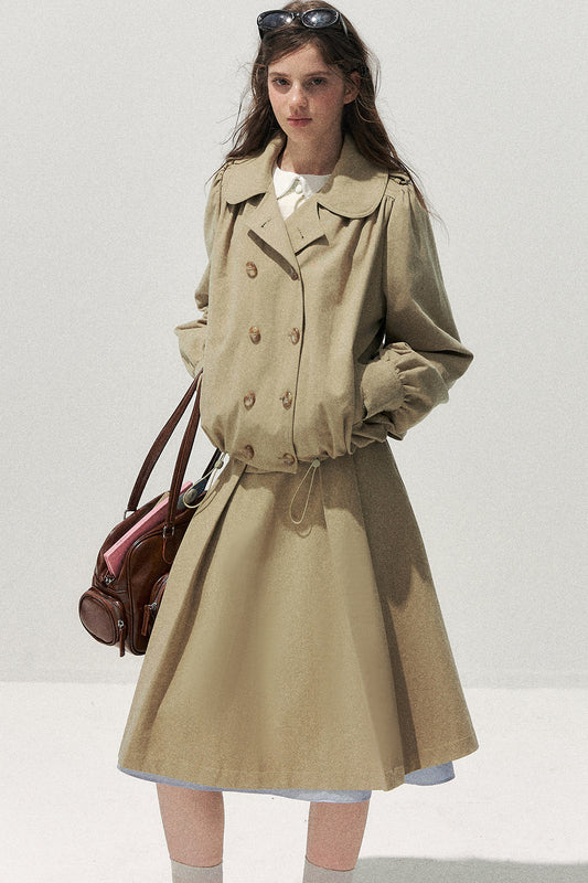 Khaki Short Trench Coat and Skirt Set-Up