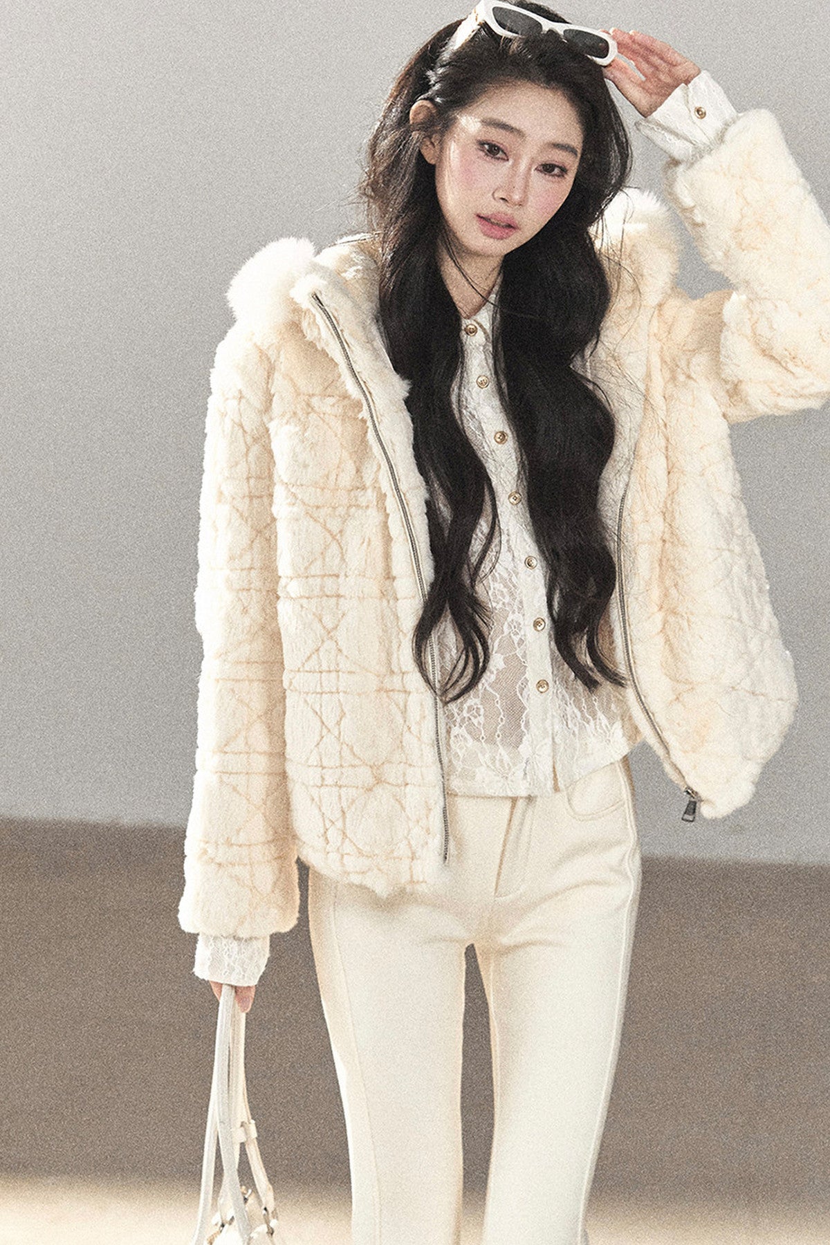 Quilted Faux Rabbit Fur Hooded Jacket