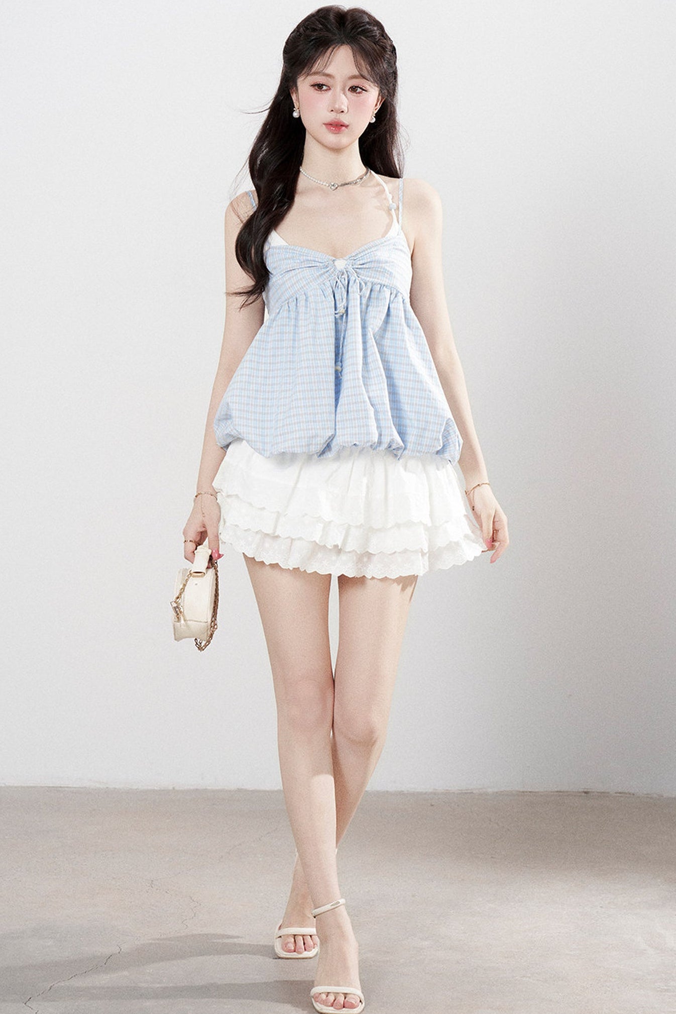Blue Plaid Floral Camisole Top Set-Up