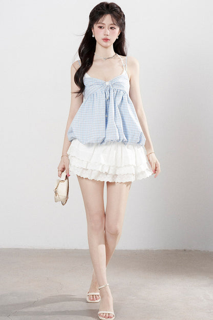 Blue Plaid Floral Camisole Top Set-Up