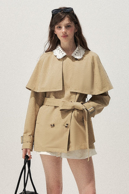Detachable Cape Crochet Collar Trench Coat