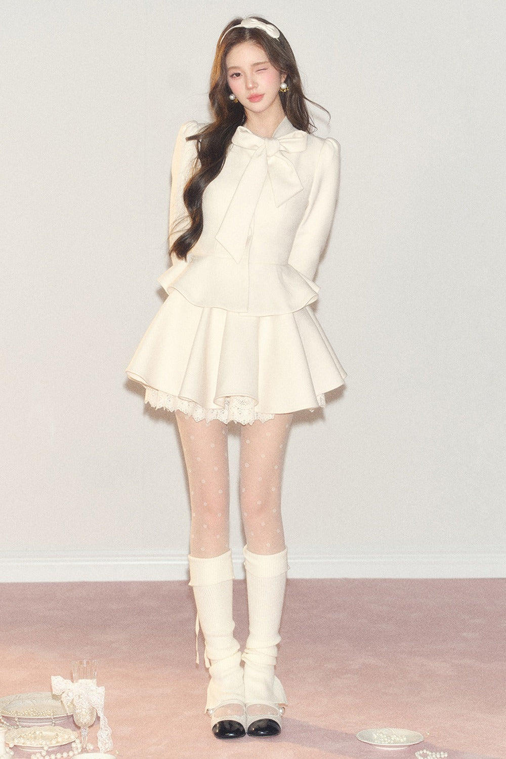 French Hepburn Style Imitation Wool Top and Skirt Set-Up