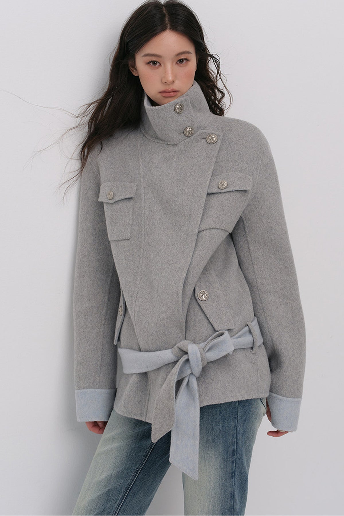 Belted Stand Collar Wool Coat