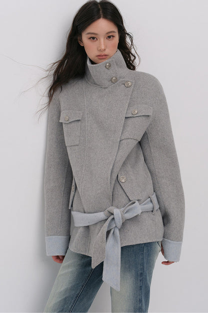 Belted Stand Collar Wool Coat