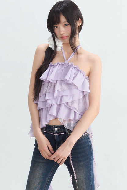 Multi-Layer Ruffle Lace Halter Top and Pants Set