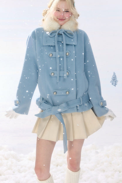 Light Blue Plush Stand Collar Coat