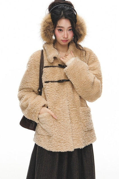 Fur Collar Horn Button Jacket Skirt Set-Up