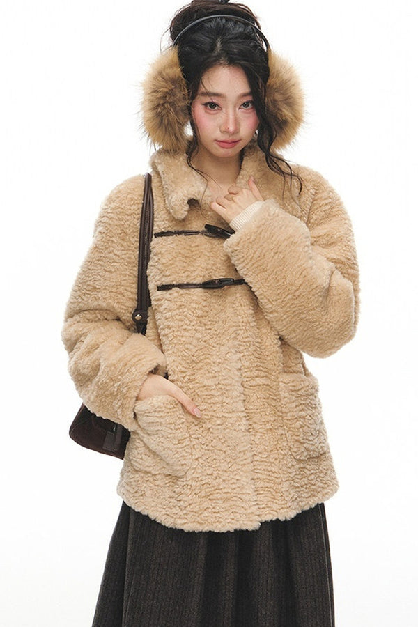 Fur Collar Horn Button Jacket Skirt Set-Up