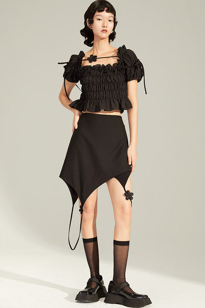 French-Style Black Ruffled Smocked Blouse