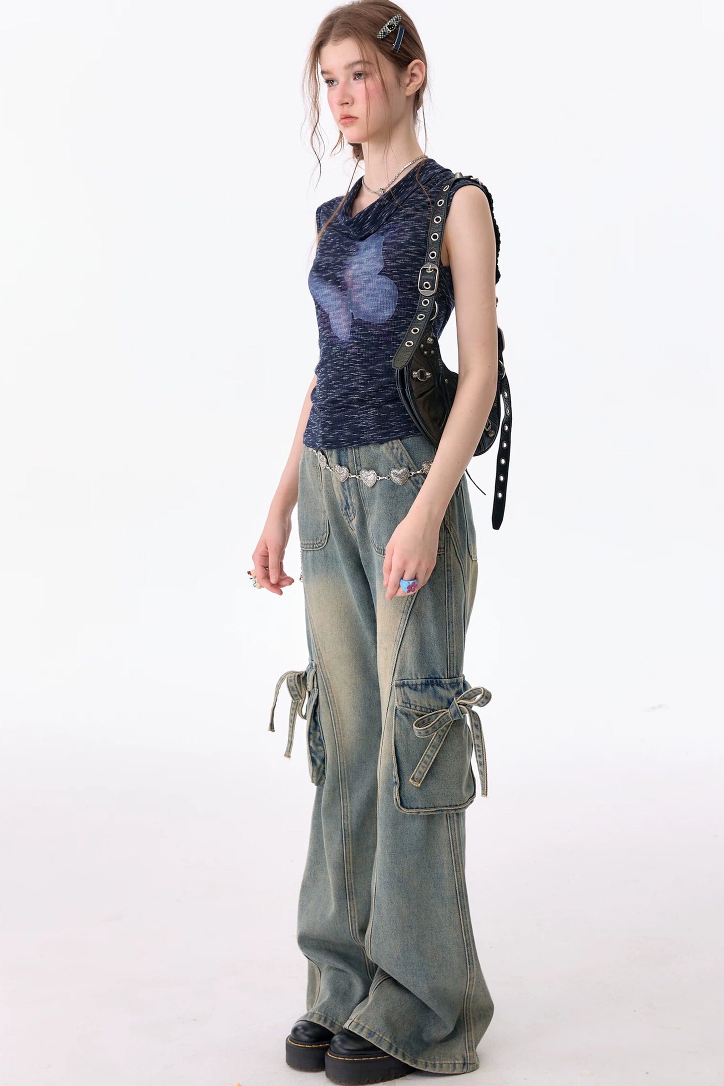 Navy Blue Butterfly Flutter Collar Tank Top