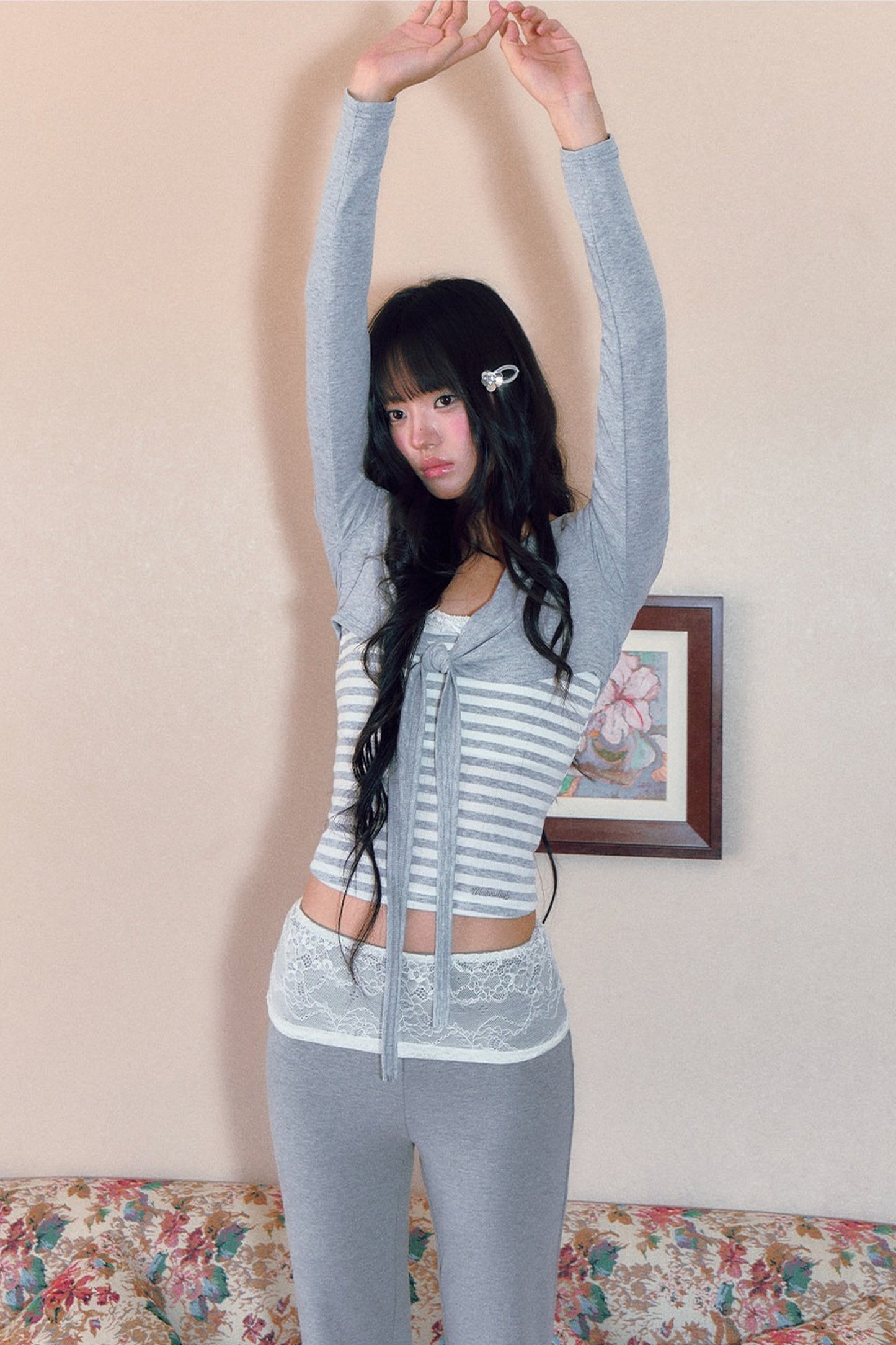 Striped Bow Tie Long Sleeve Cardigan and Lace Camisole Set-Up