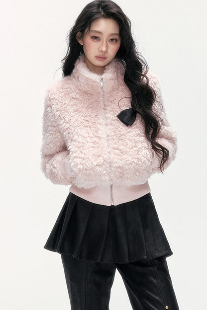 Pink Faux Lamb Wool Jacket and Pants Set-Up