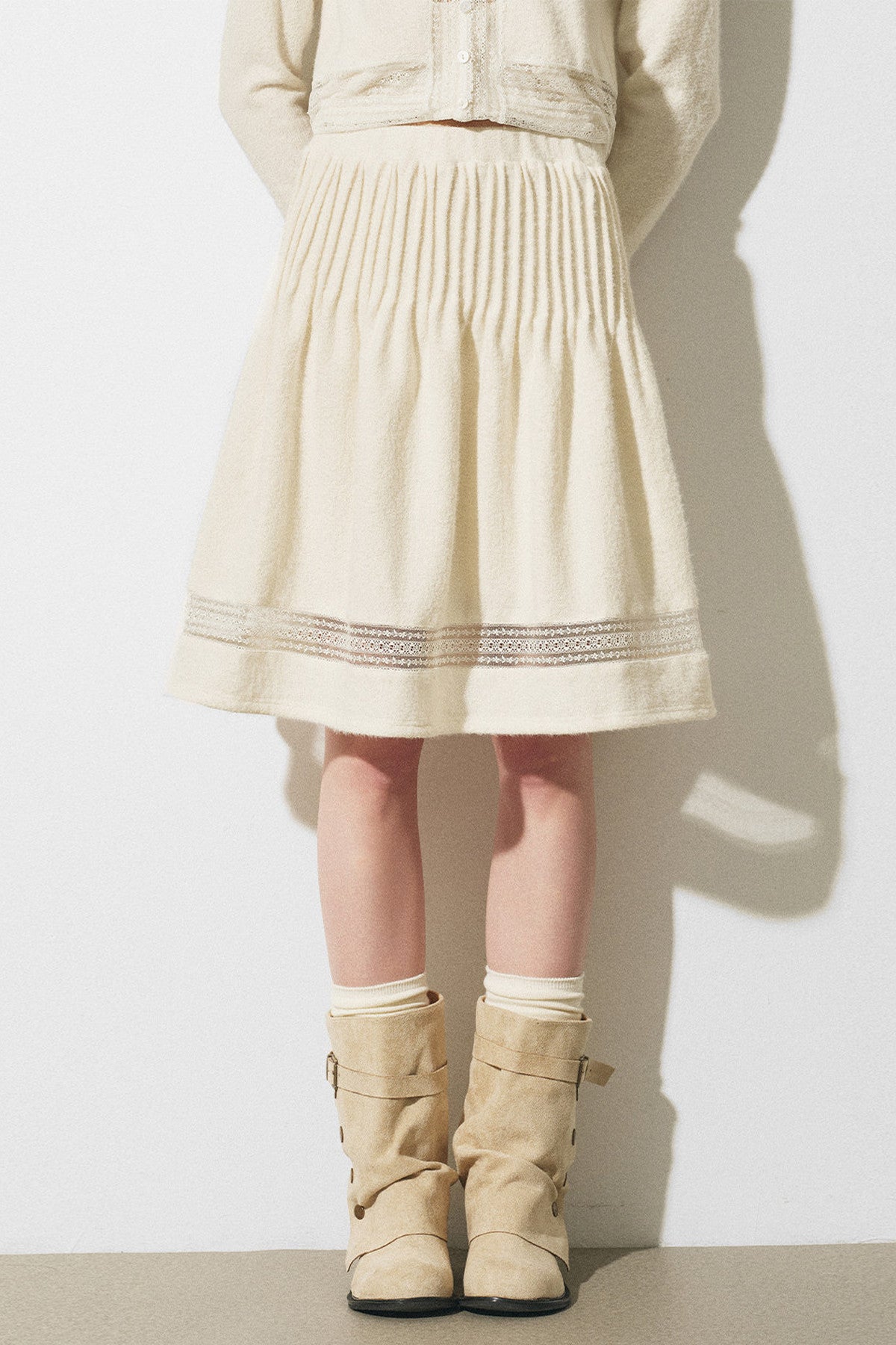Lace Spliced Knit Cardigan and Skirt Set-Up