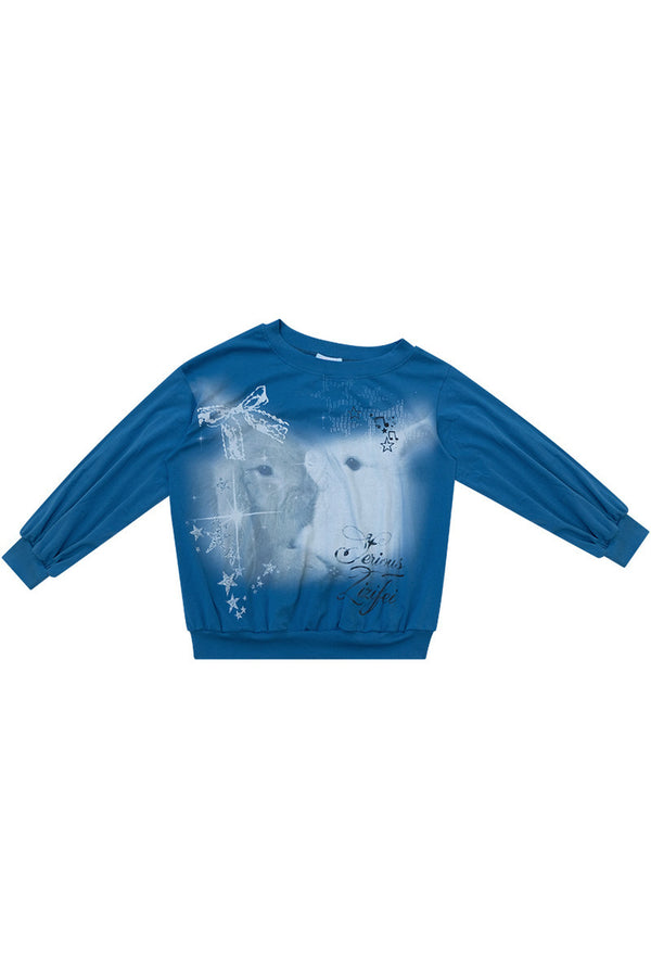 Rabbit Print Lantern Sleeve Off-Shoulder Sweatshirt