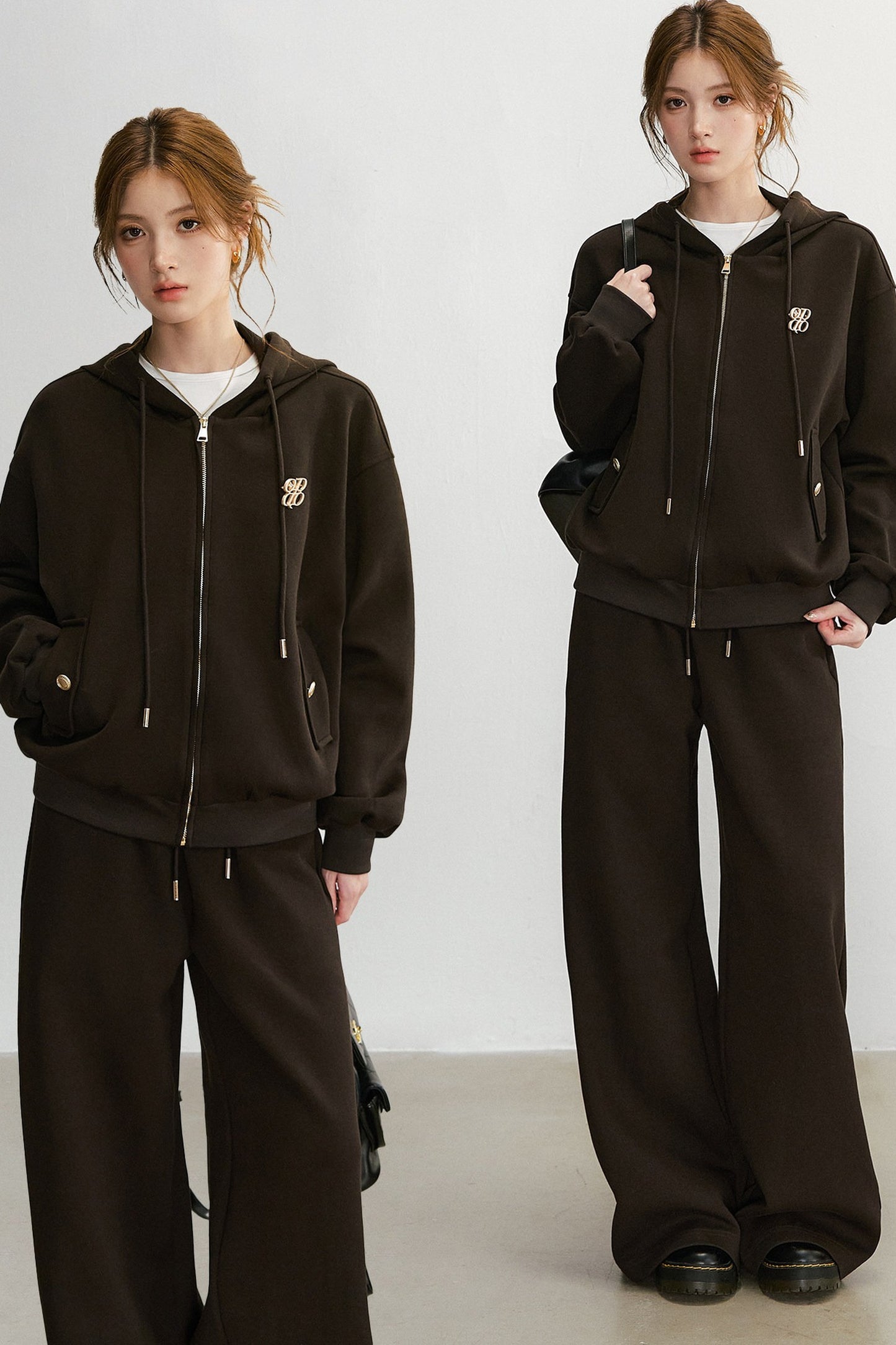 Embroidered Hooded Cardigan Sweatshirt and Wide-Leg Pants Set-Up