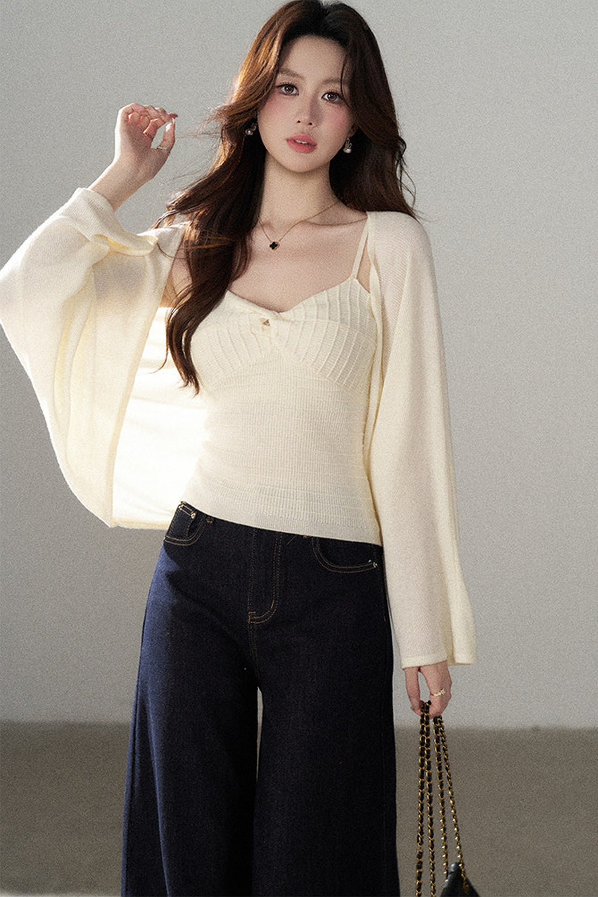 V-Neck Knitted Cardigan and Camisole Set-Up