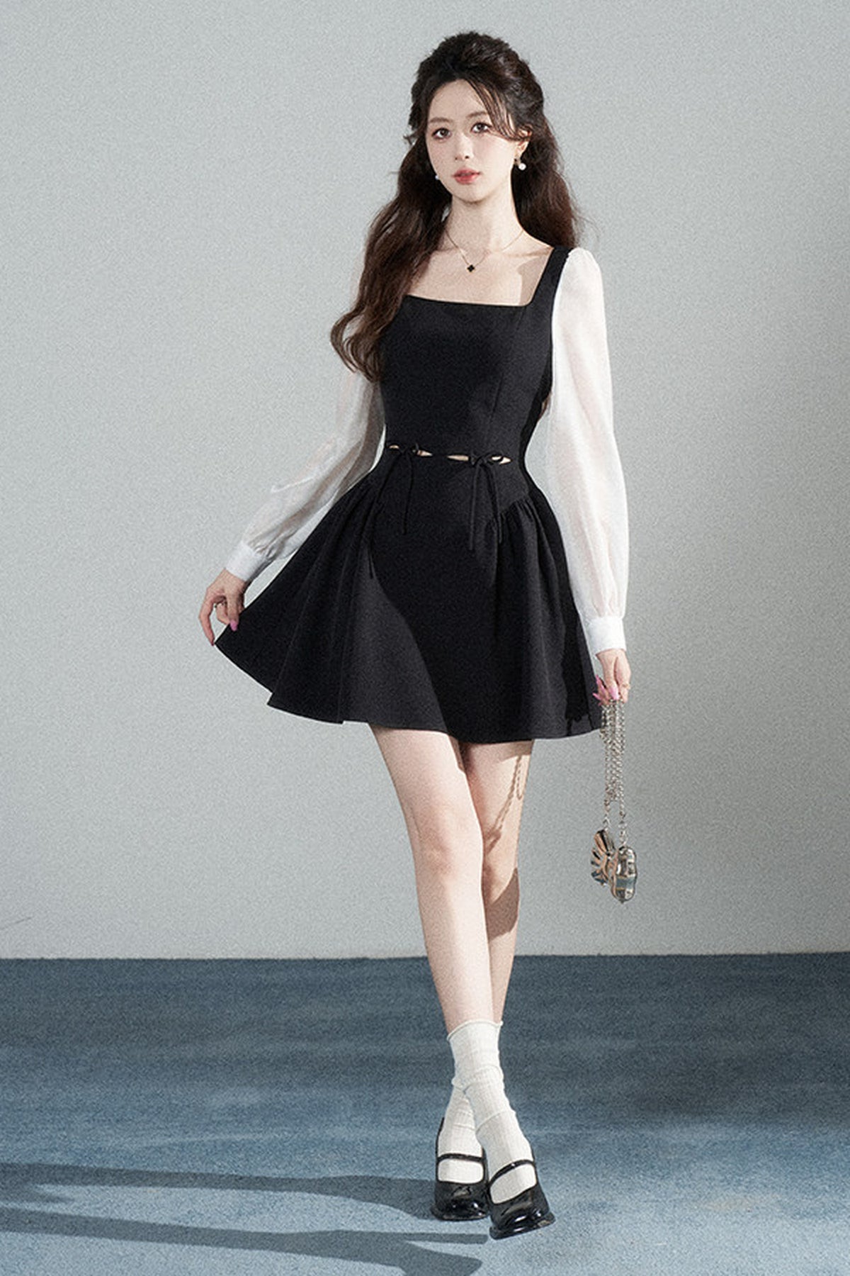 Black Square-Neck Hollow-Out Dress