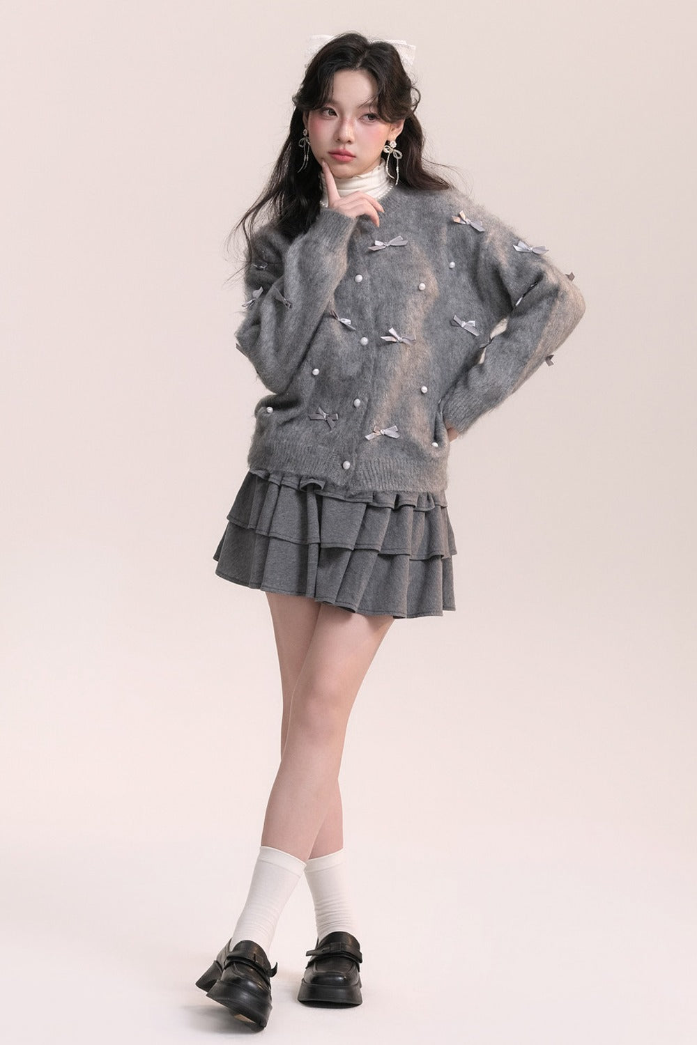 Ballet Bow Knit Cardigan With Skirt Set
