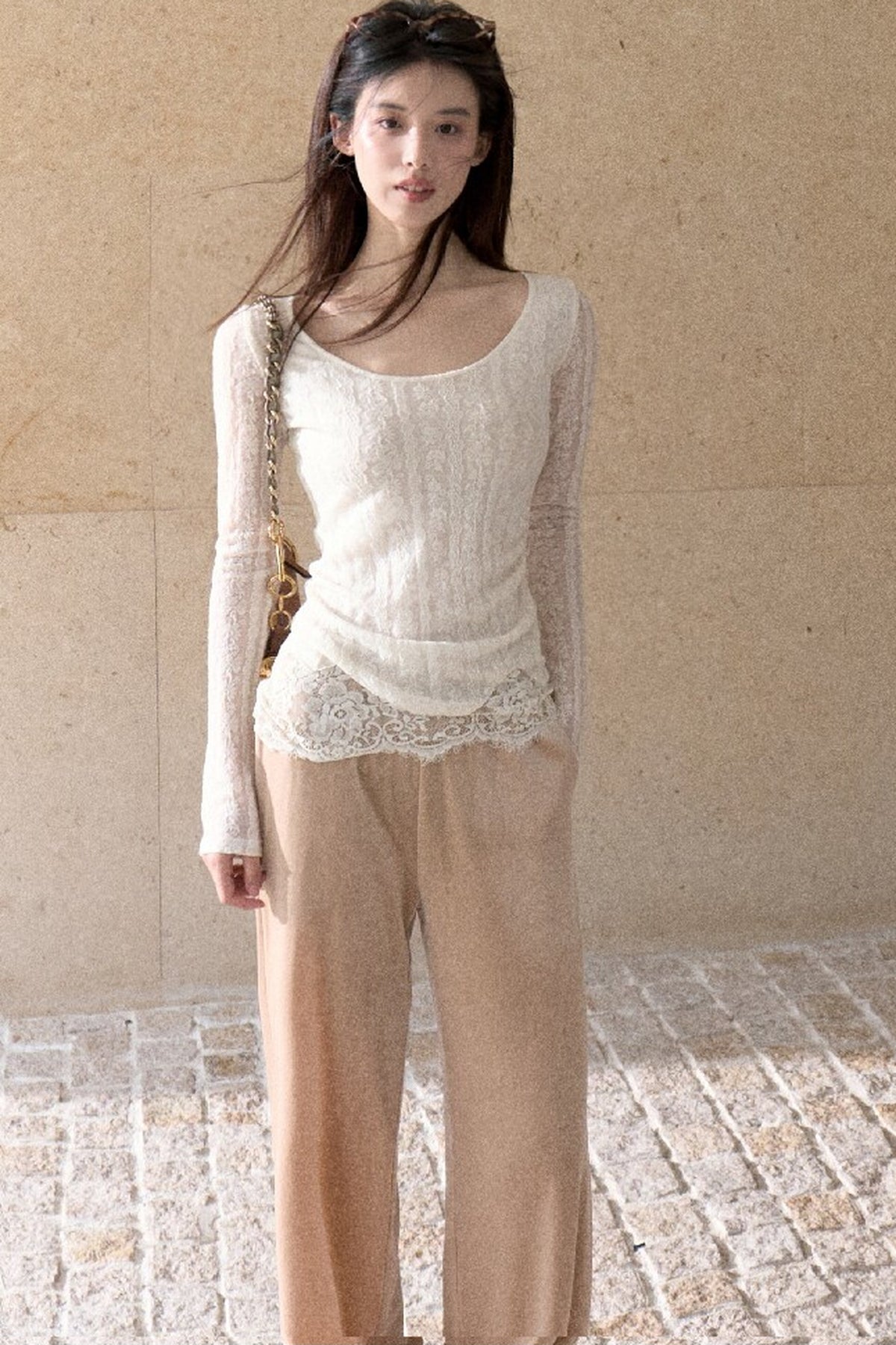 Jacquard Spliced Lace Knit Top