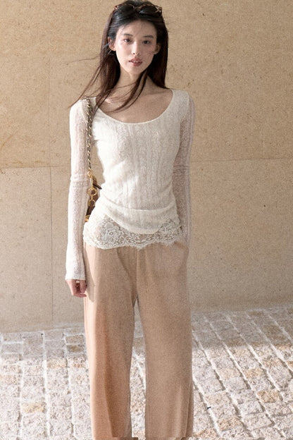Jacquard Spliced Lace Knit Top