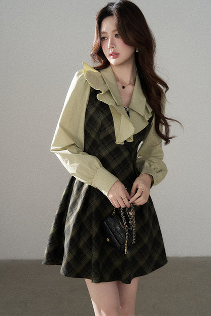 Green Long-Sleeve Layered-Look Dress