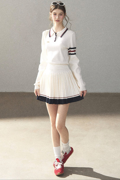 Knit Polo Top And Pleated Skirt Set-Up