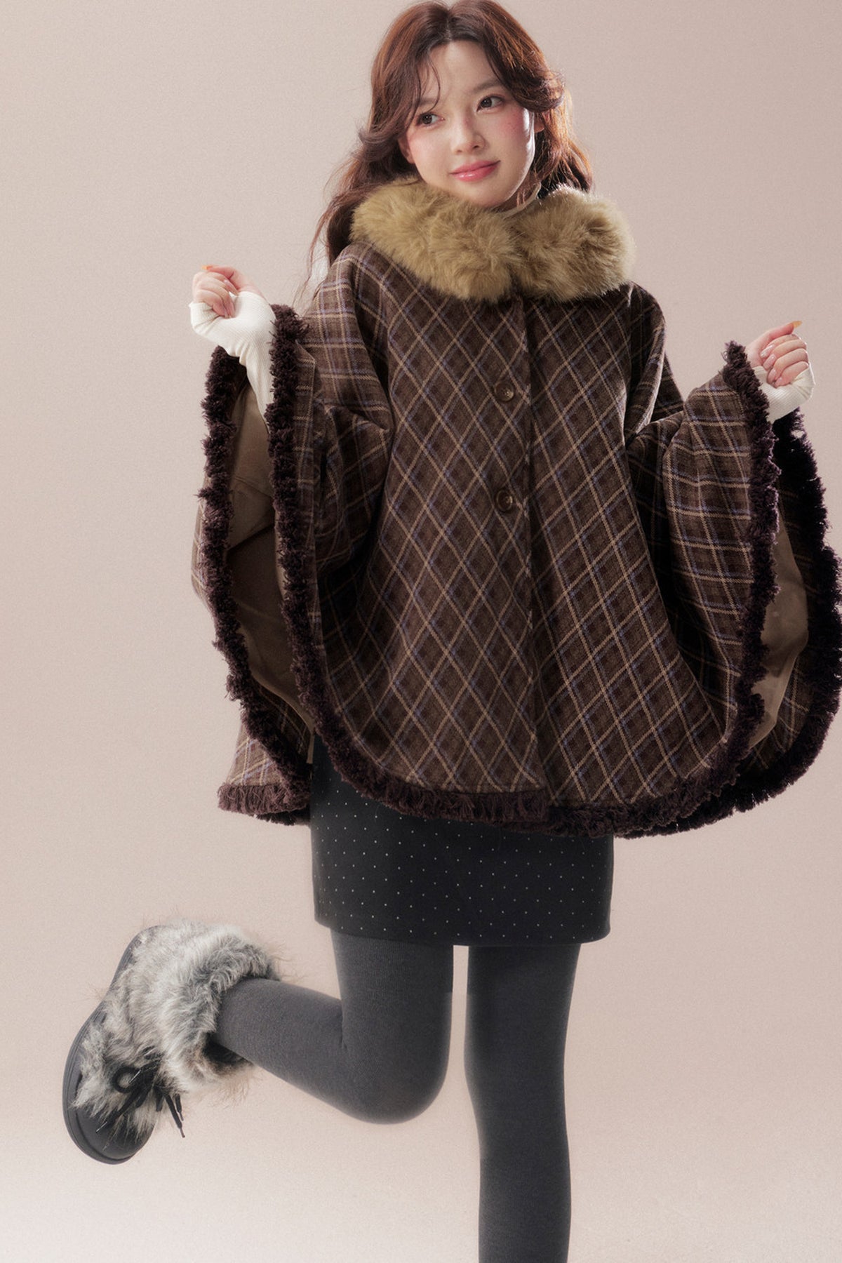 Plaid Fur Collar Hooded Shawl Cape