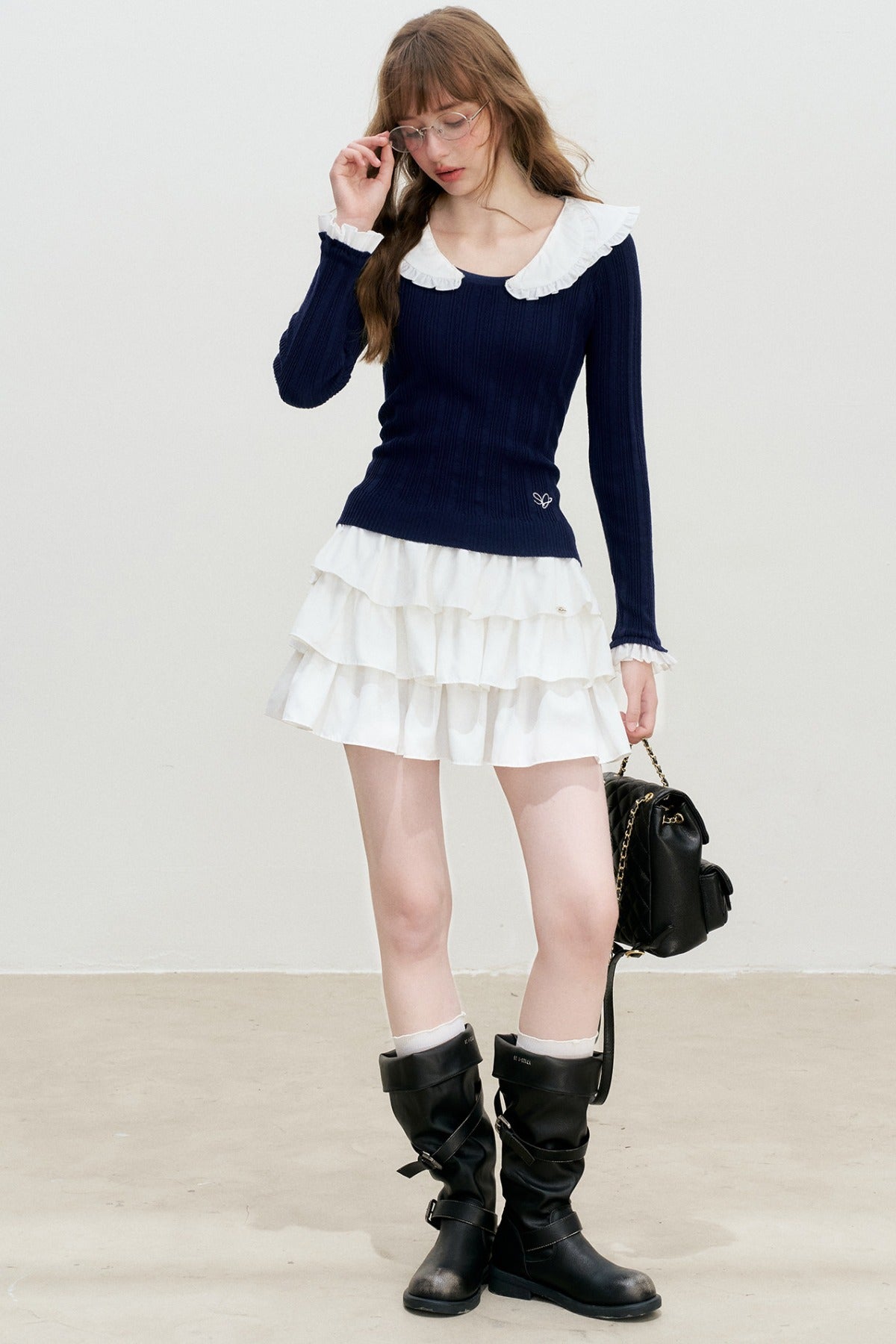 Doll Collar Detachable Bow Knit Top