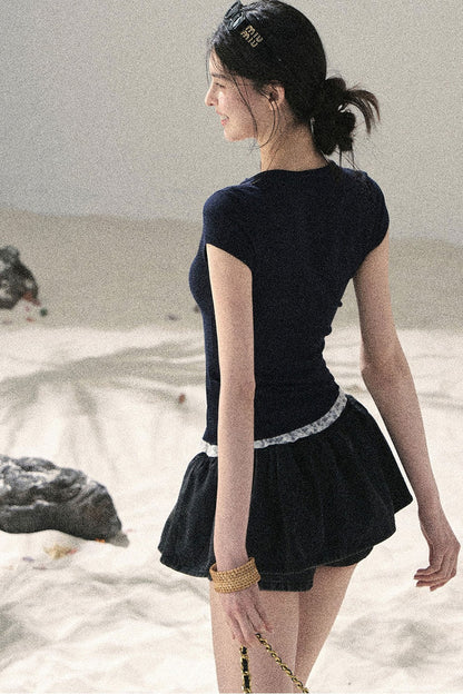 American Style Lace Fake Two-Piece Top