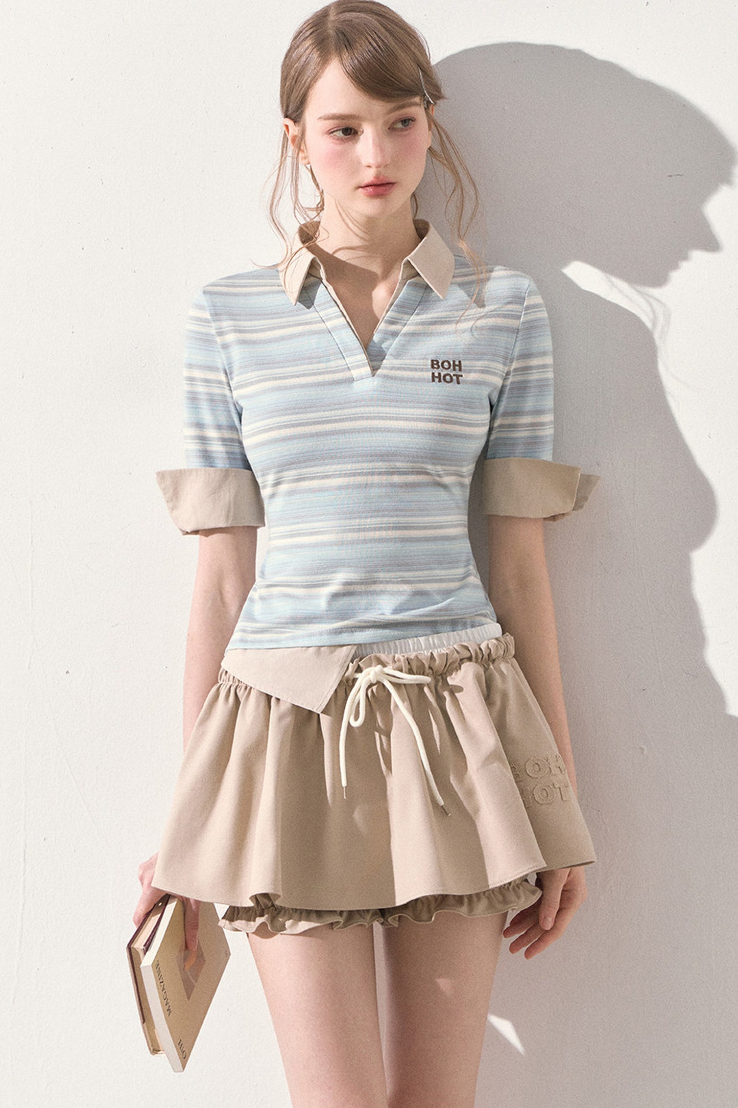 Mint Striped Patchwork Polo Top