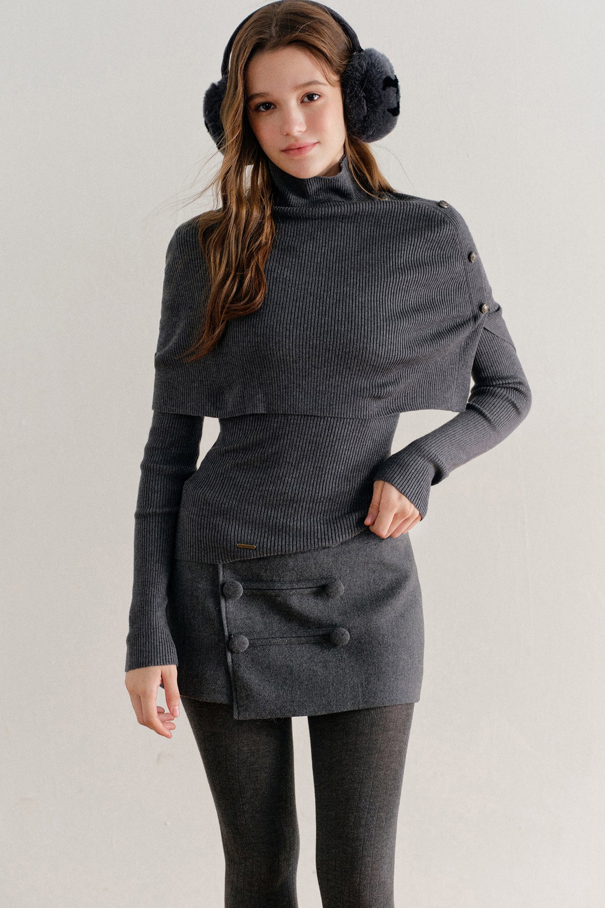 Wool Blend Double-Breasted Diagonal Placket Skirt