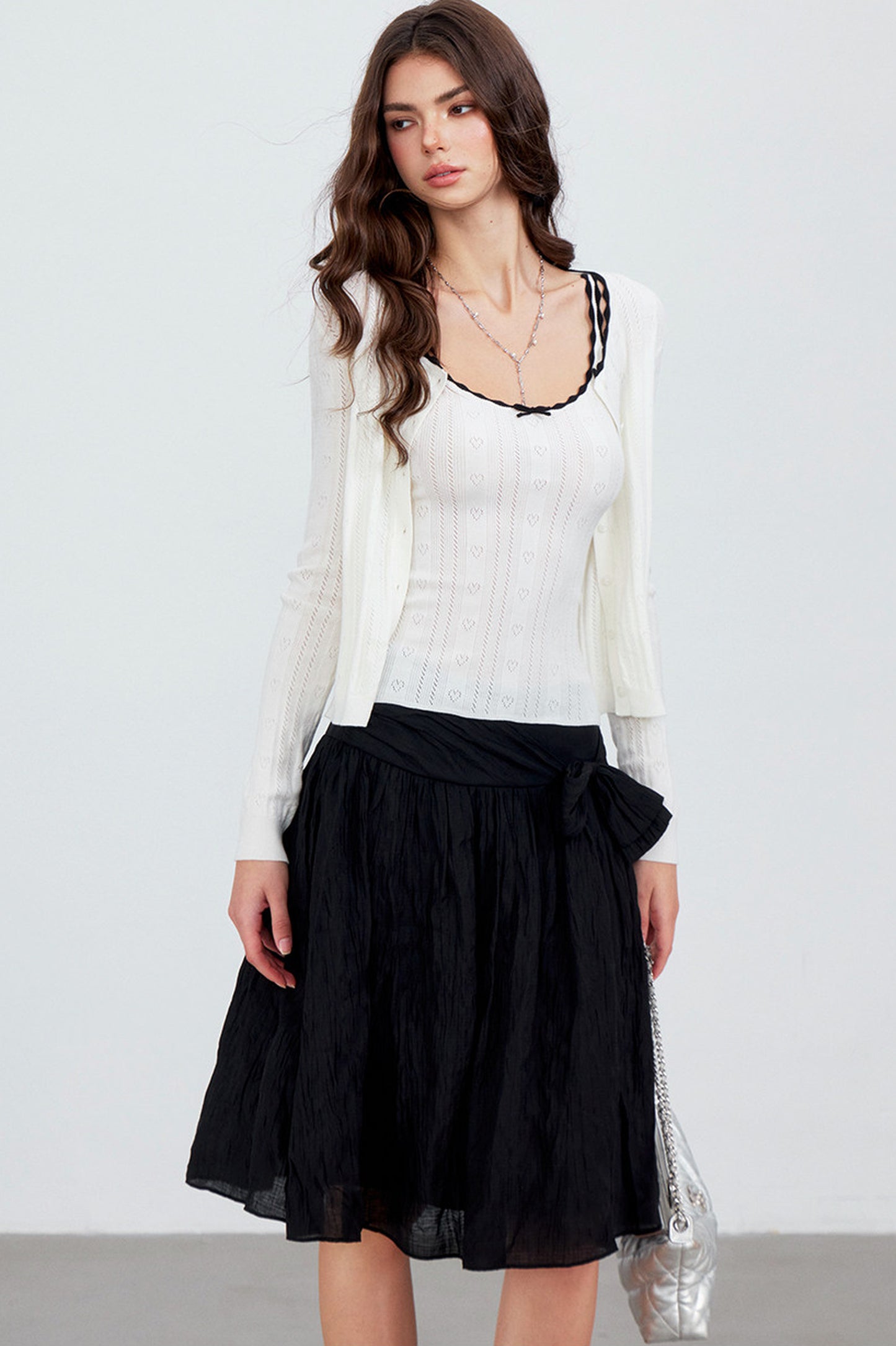 Heart Hollow Ruffle Knit Camisole And Cardigan Set-Up
