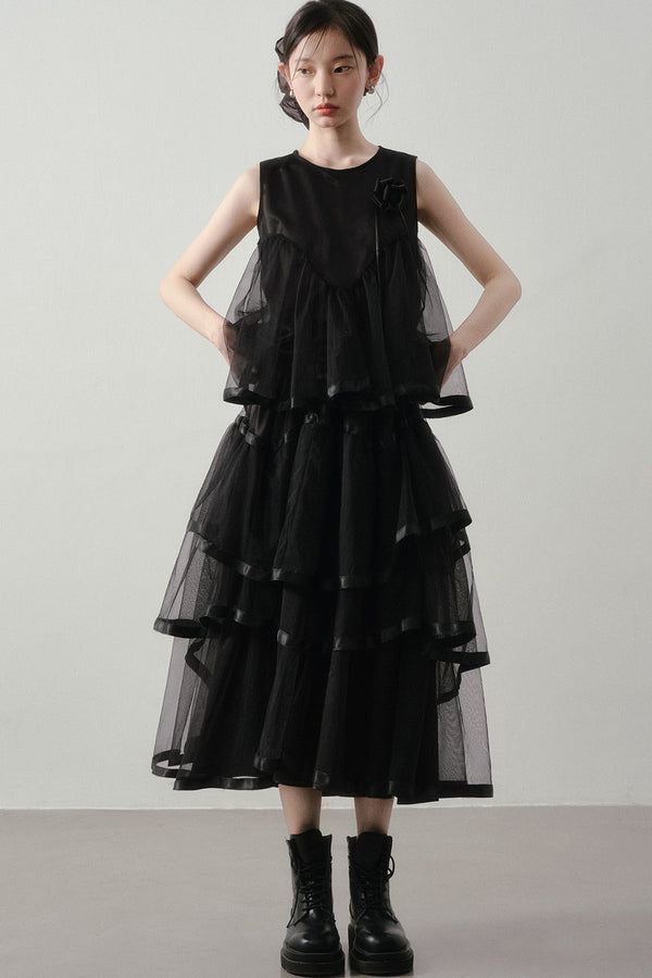 Black Mesh Layered-Look Two-Piece Set