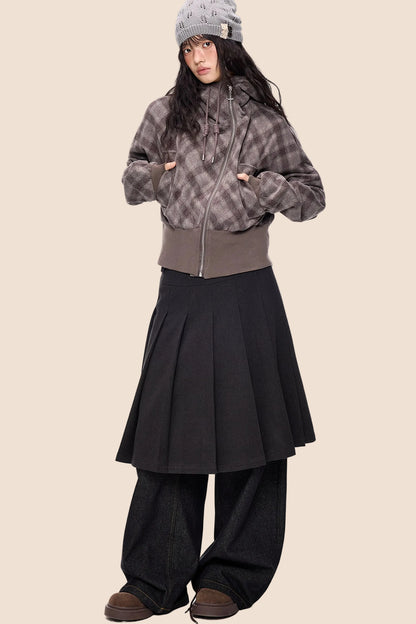 Plaid Patchwork Hem Hooded Jacket