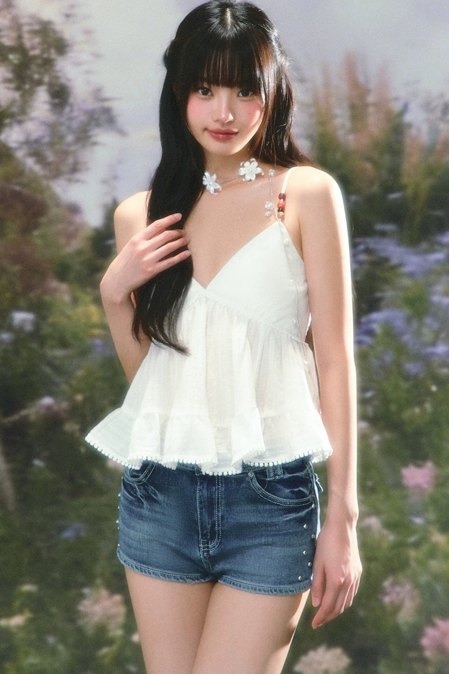 Beaded Ruffled Camisole Top Set-Up