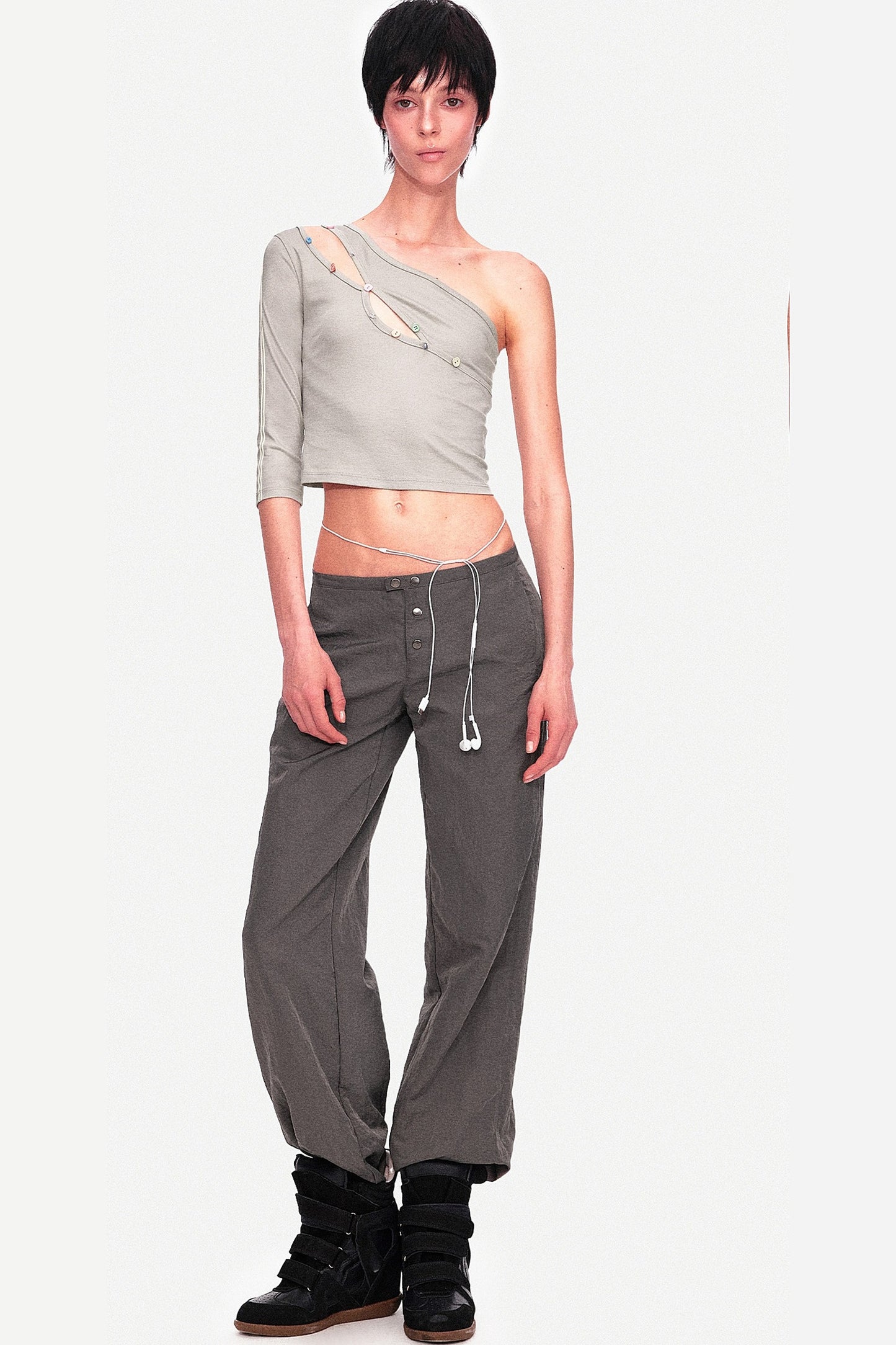 Asymmetrical Color-Button Off-Shoulder Top