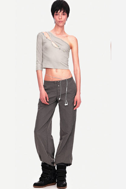 Asymmetrical Color-Button Off-Shoulder Top