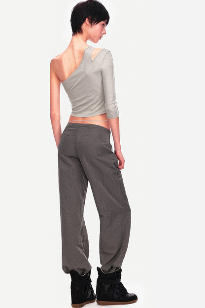 Asymmetrical Color-Button Off-Shoulder Top