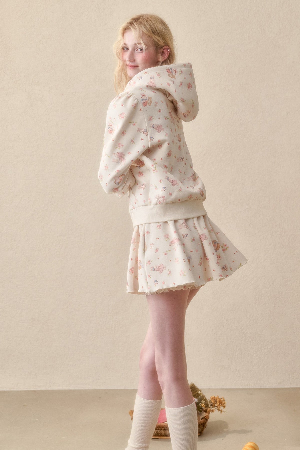 Bunny Print Hoodie Skirt Set-Up