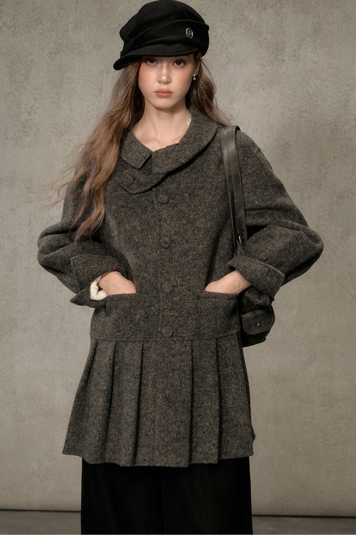 70% Wool Blend Double-Sided Pleated Coat