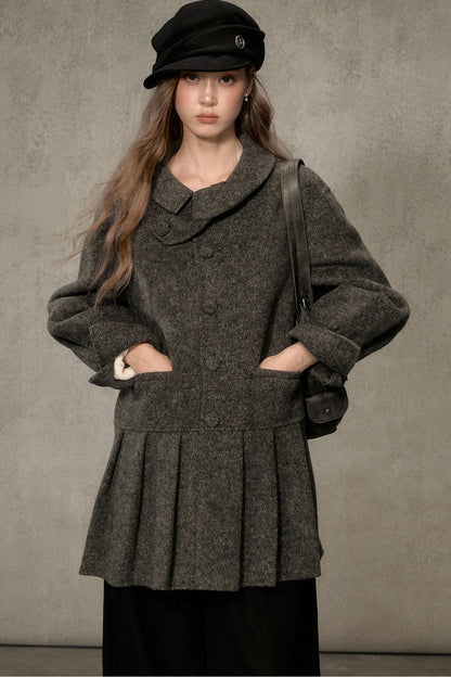 70% Wool Blend Double-Sided Pleated Coat