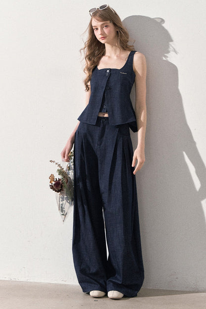 Layered-Look Faux Denim Vest and Wide Leg Pants Set-Up