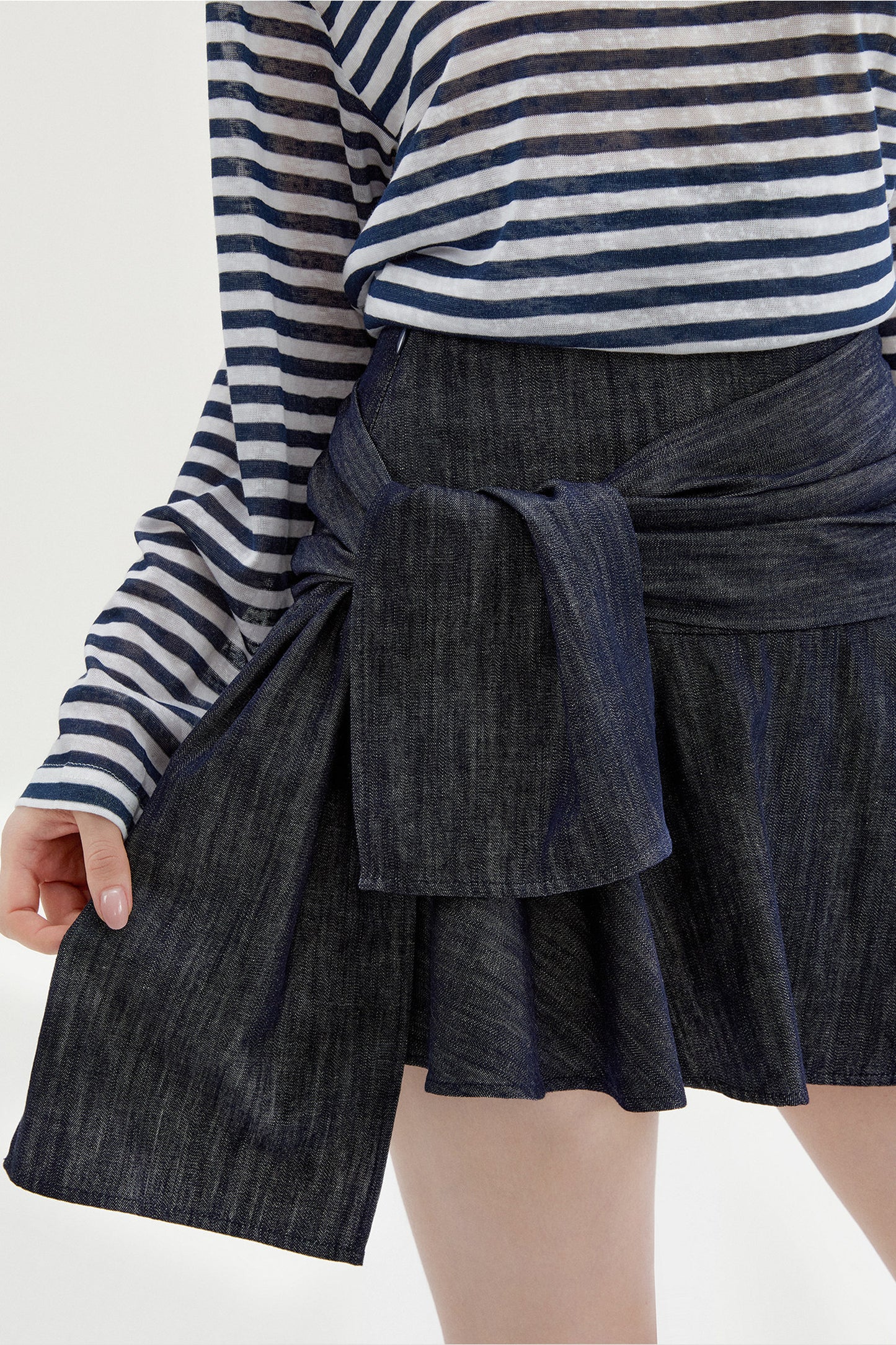 Navy Striped Long-Sleeve Top and A-Line Denim Skirt Set
