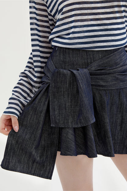 Navy Striped Long-Sleeve Top and A-Line Denim Skirt Set