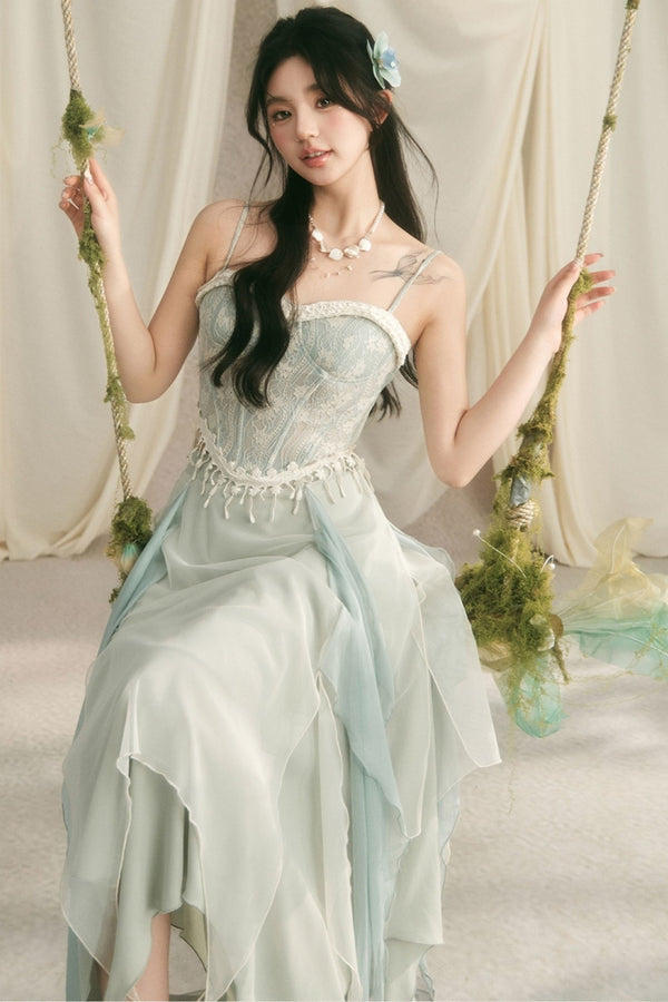 Retro Lace Fishbone Tube Top and Layered Skirt Set-Up