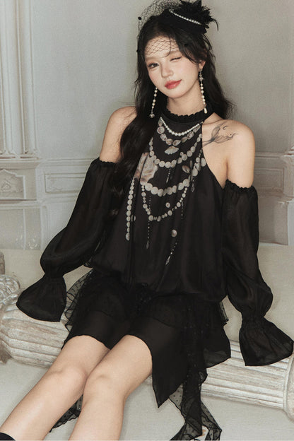 Off-Shoulder Double-Layer Mesh Rose Pearl Halter Top