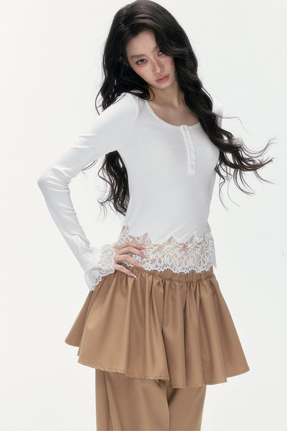 Asymmetrical Lace Henley Long-Sleeved Shirt